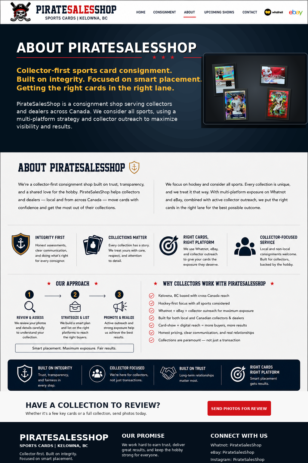 About PirateSalesShop sports card consignment, collector-first service, and multi-platform selling.