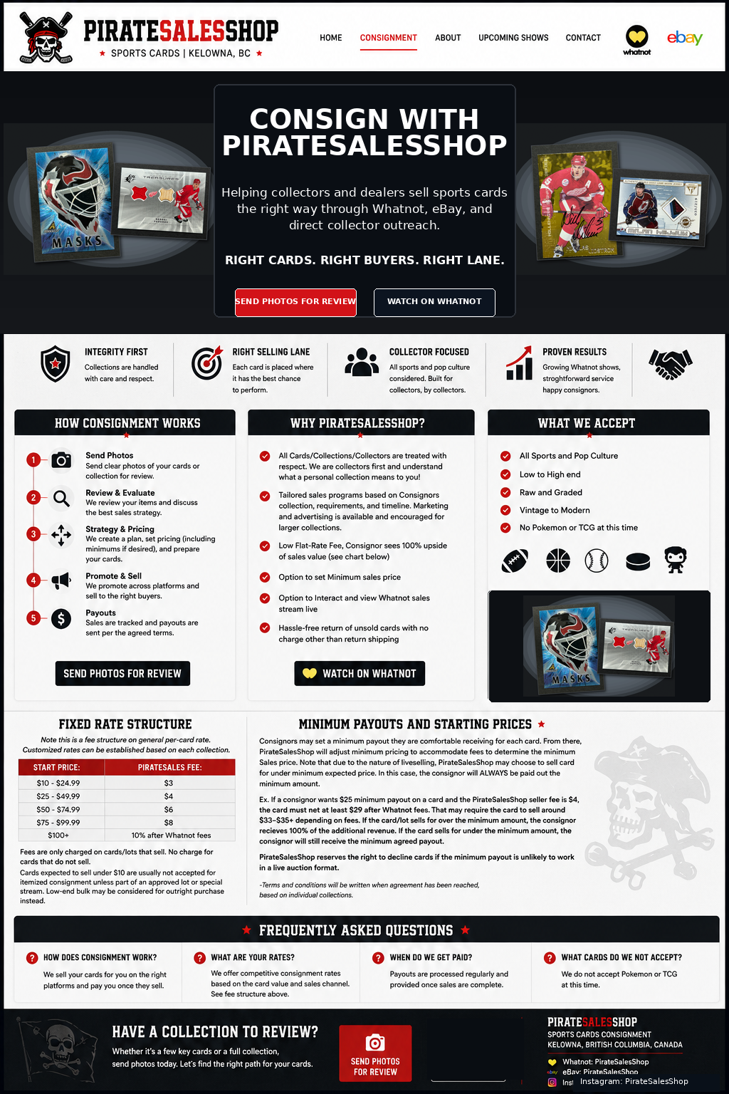 PirateSalesShop sports card consignment process, terms, and review page.