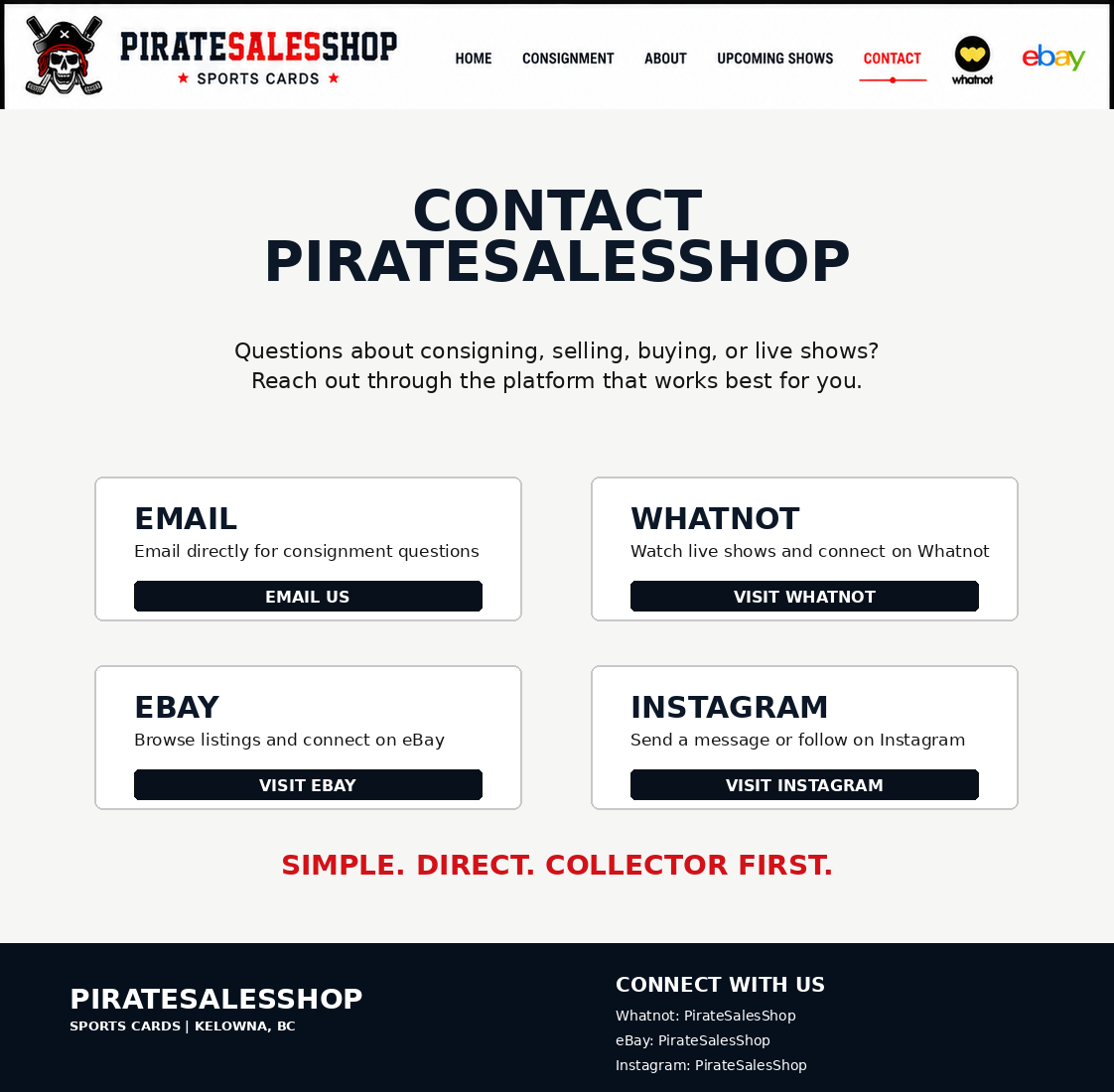 Contact PirateSalesShop by Whatnot, eBay, Instagram, or email.