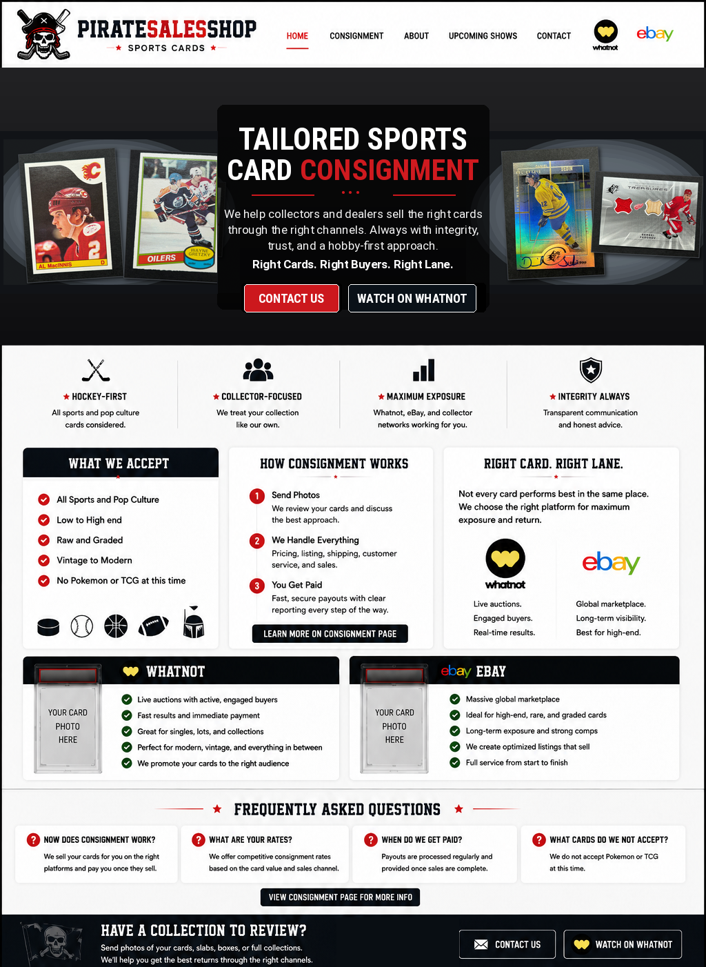 PirateSalesShop sports card consignment homepage for collectors and dealers.