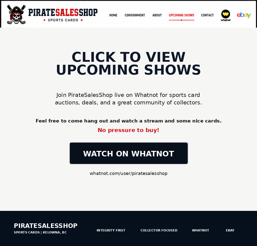 PirateSalesShop upcoming shows page with Whatnot profile link.